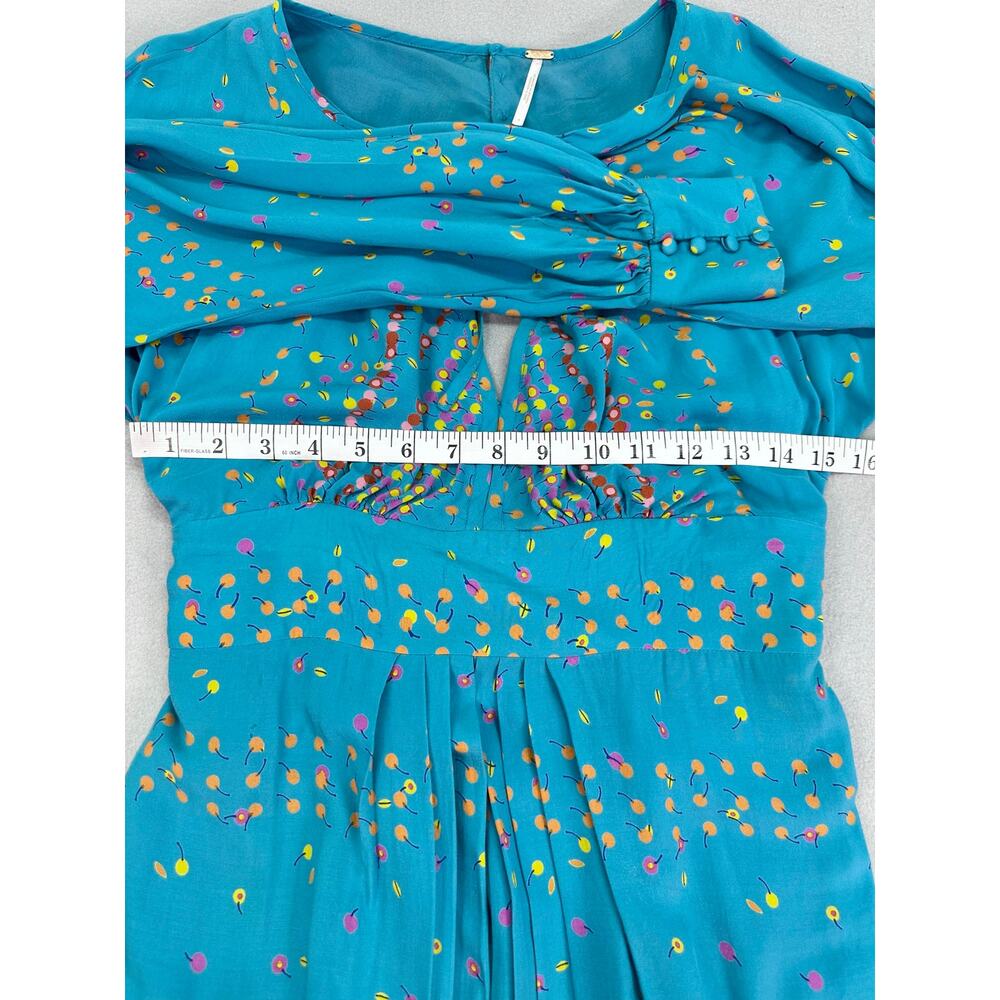 Free People Coryn Mini Dress Cherry Print Teal Blue Green Cut Out Pleated Size 4 - Picture 10 of 12